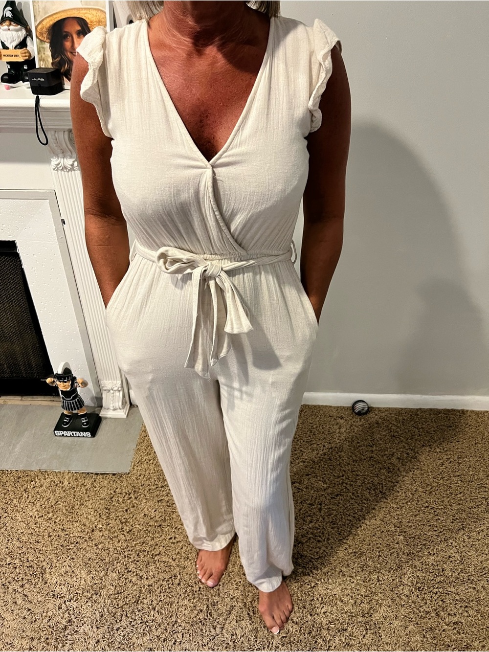 Cream Wrap Jumpsuit with Tie Waist and Cap Sleeves